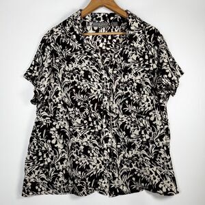 Kate Hill Woman Blouse 22W Brown White Floral Silk Short Sleeve Shirt Timeless